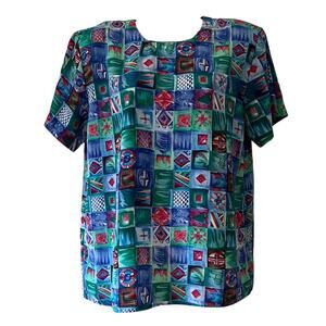 Vintage Petite Sophisticate Colorful Print Blouse Size Medium Short Sleeves